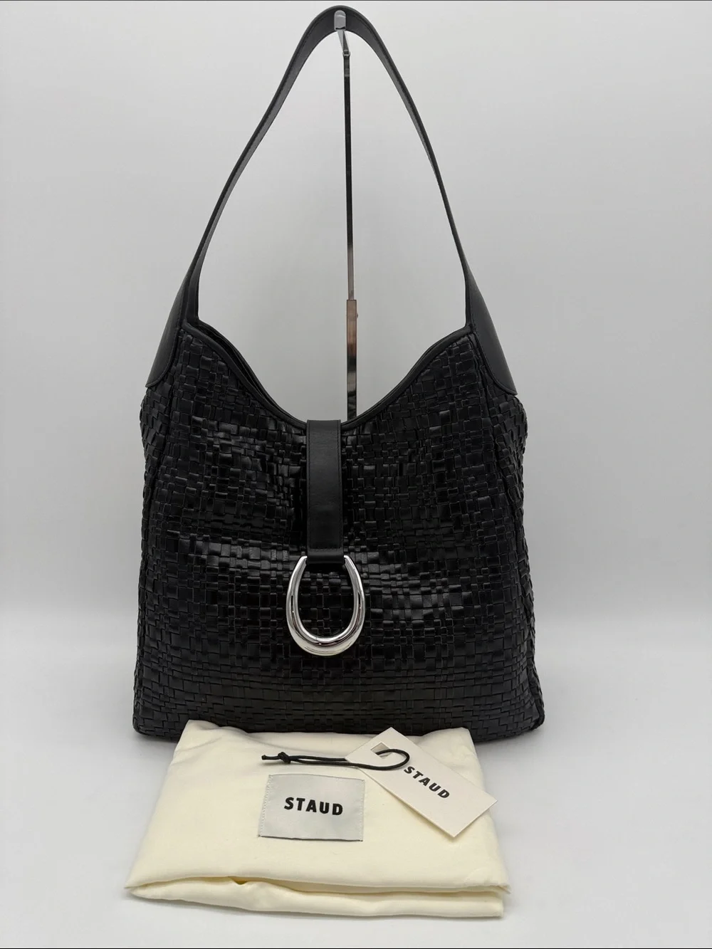 STAUD Maya Moon Buckle Woven Leather Hobo Bag Black